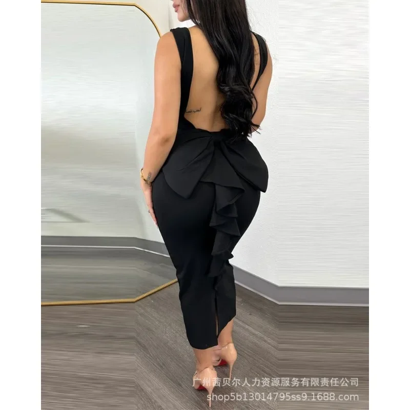 New Women's Backless Ruffles Patchwork Dress 2023 Elegant Sexy Evening Party Dress Women's Spaghetti Strap V-neck Slim Fit Dress