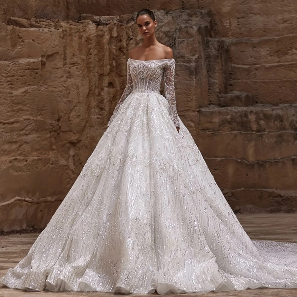 

Glitter Off Shoulder Beading Wedding Dresses Shiny Sequin Pearls A Line Illusion Bridal Gowns Formal Vestido De Noiva Customized