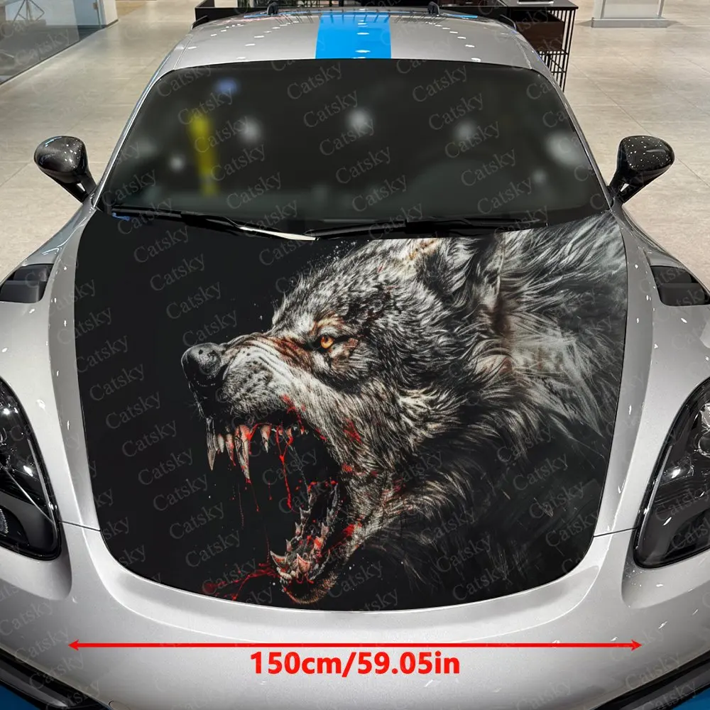 Fierce Wolf Blood Splash Car Vinyl Wrap, PVC Material Waterproof Car Hood Sticker, Self-Adhesive Scratch-Resistant Stickers for
