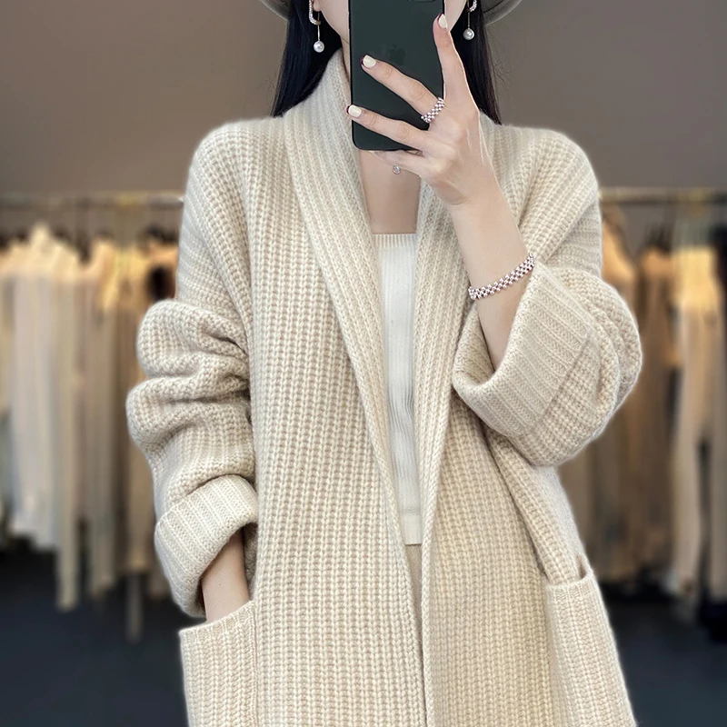 Autunno/inverno nuova moda Cashmere lungo scollo a v maglione giacca donna con tasca allentato Joker manica lunga Cardigan lavorato a maglia di lana