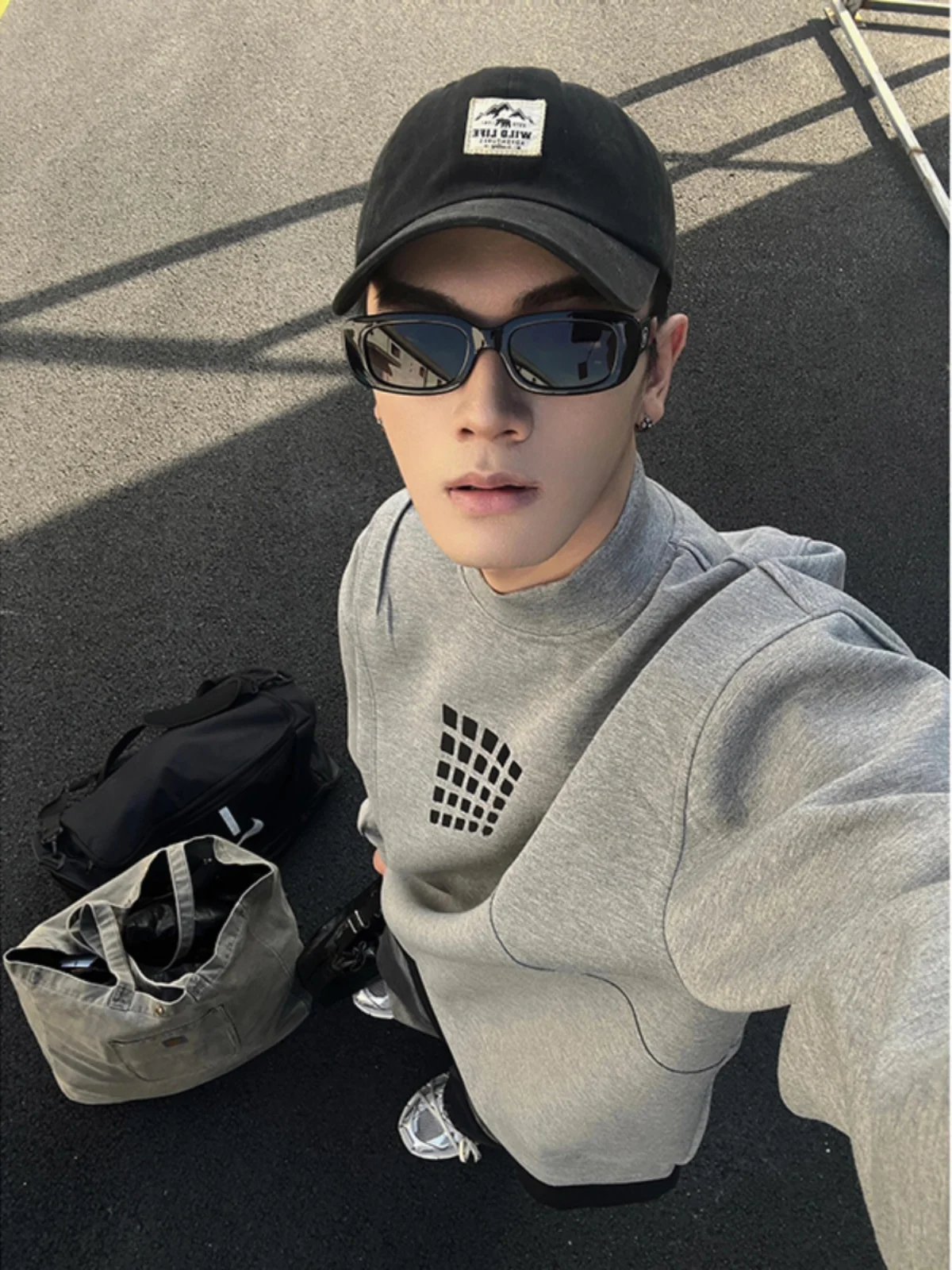 

American Style Grey Stand Collar Hoodie Men's Hiphop Jacket Cleanfit Korean round Neck Top Casual Loose Fit Autumn Wear