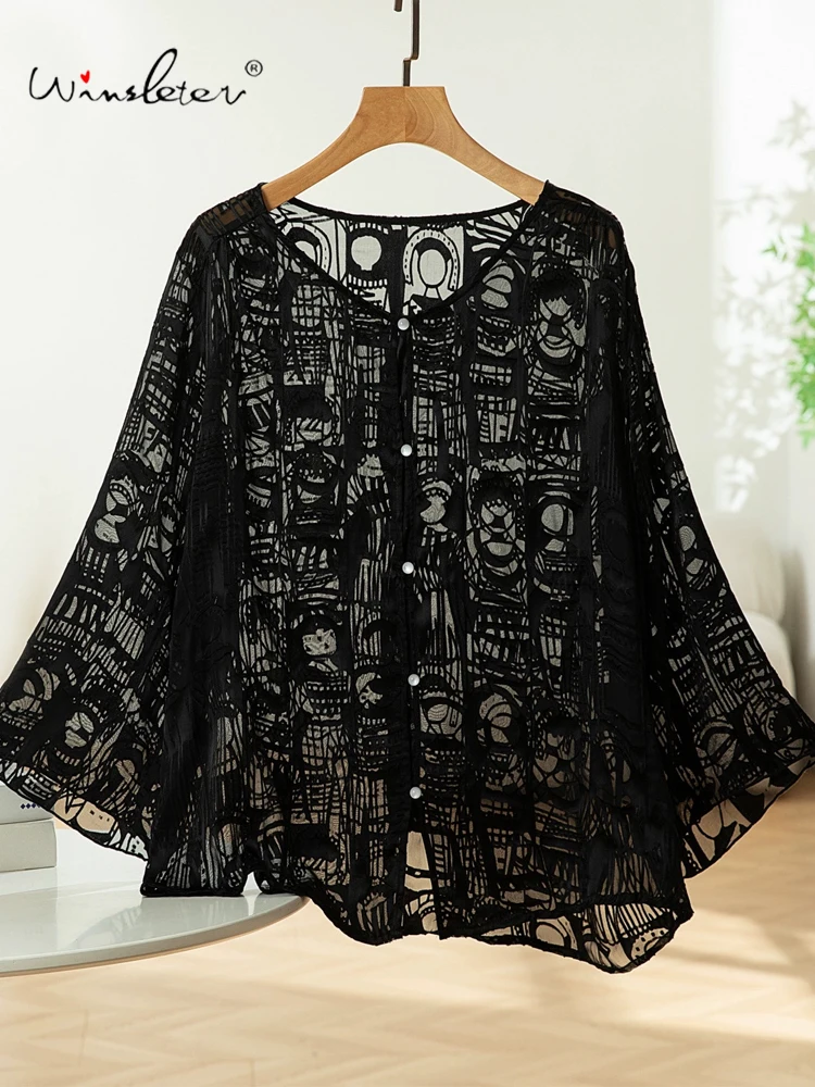 

Winsleter-Women 100%Real Silk Elegant Shirt, Flare Sleeve Embroidery, Retro Commute Loose Sunscreen Blouse, 2025 Summer T55936CC