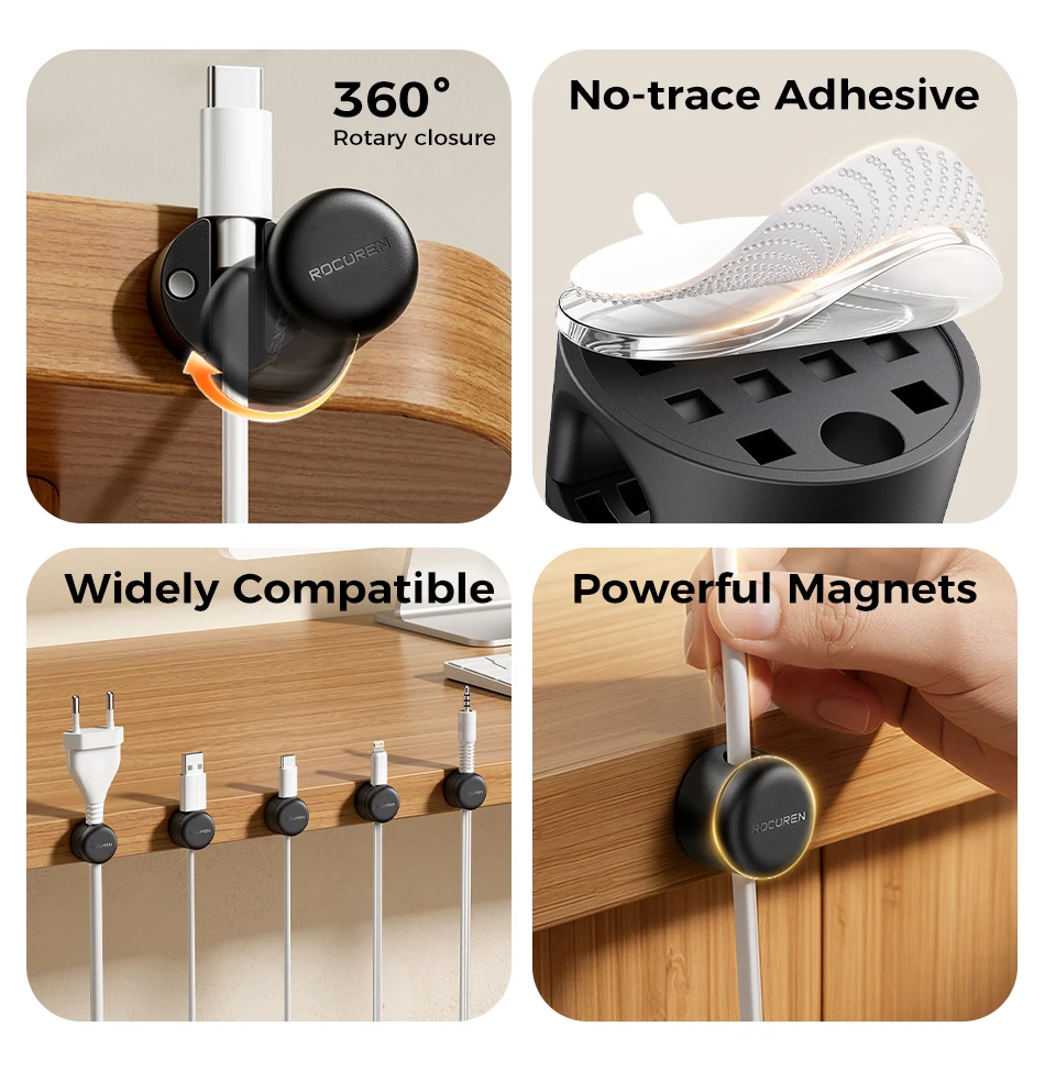 Rocoren Spiral Cover Magnetic Cable Clamp Cable Smooth and Adjustable Rope Holder Under Table Cable Management Cable Organizer