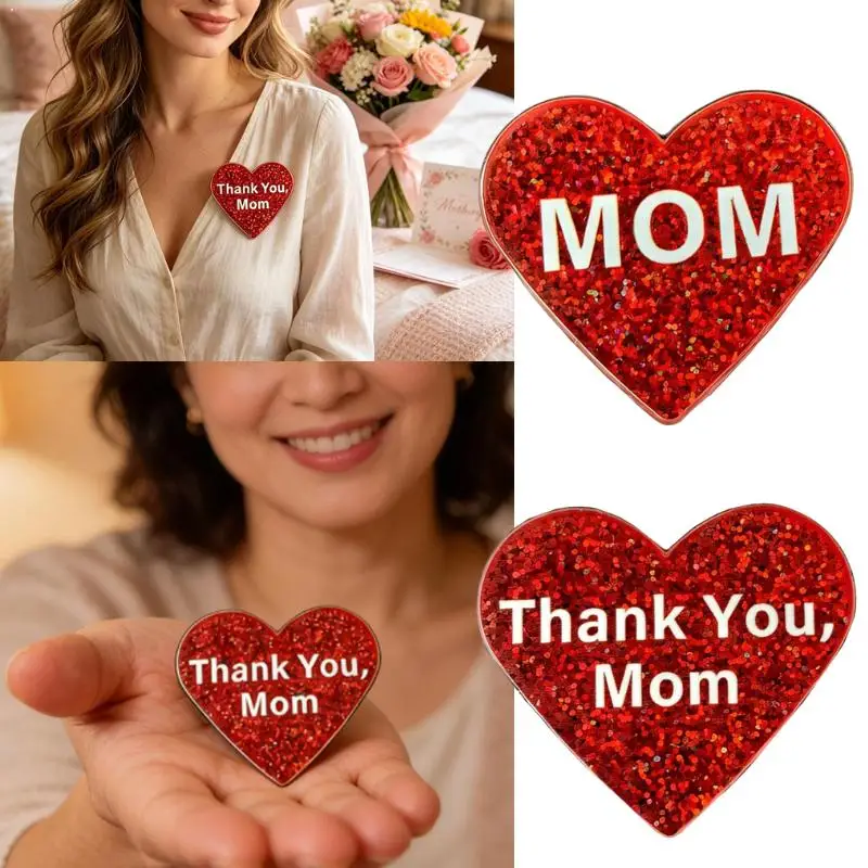 Thank You Mom Heart Brooch Red Glitter Heart Shape Enamel Pin For Women Mother's Day Gift Jewelry 브로치
