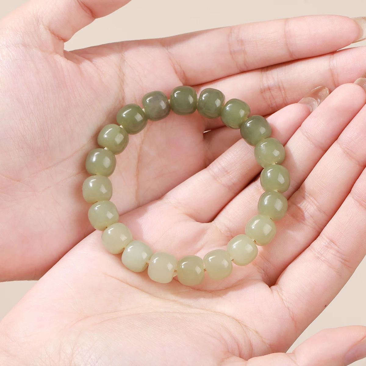 

JD Natural Stone Qinghai Gradient Hetian Jade Barrel Beads Bracelet Women Genuine Reiki Healing Elastic Bracelet Lucky Jewelry