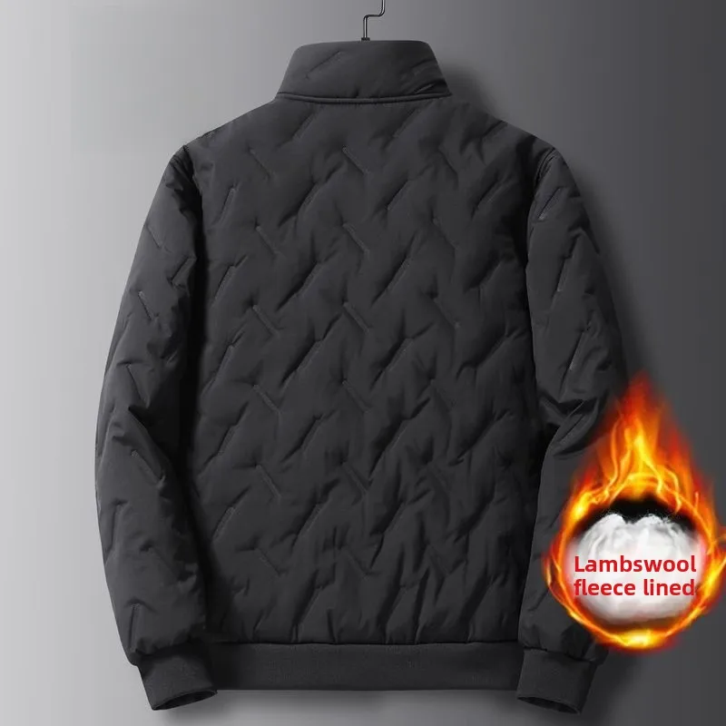 Jaket Pria Musim Dingin Bahan Katun Beludru Domba Longgar, Hangat, Modis, Serbaguna, Serat Poliester, Penutup Ritsleting, Warna Polos