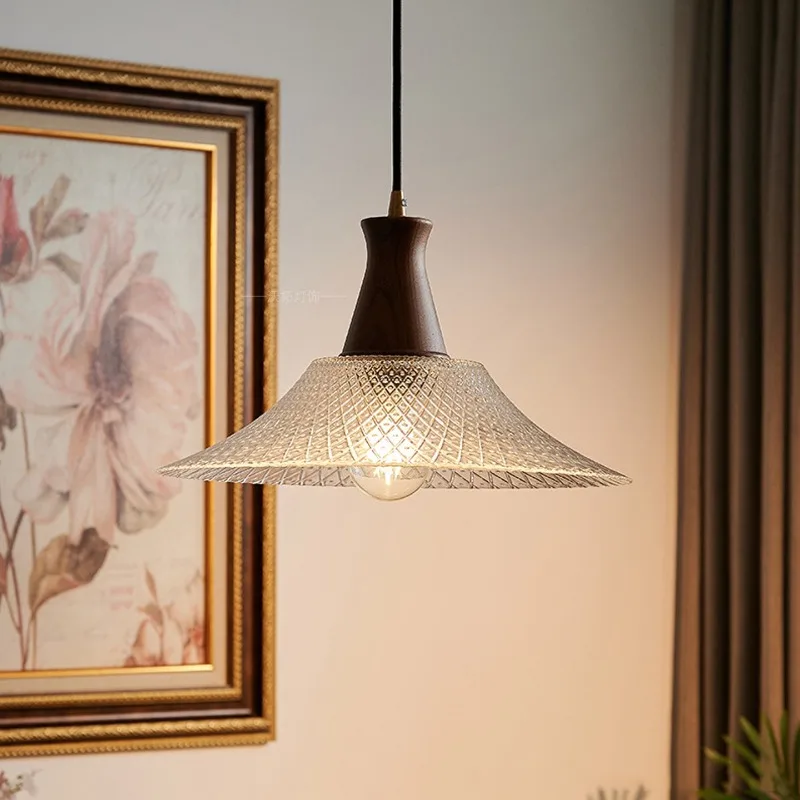 Japanese Vintage Textured Dining Room Living Room Bedroom Kitchen Pendant Light Walnut Wood Brass Glass Hanging Lighting Fixture