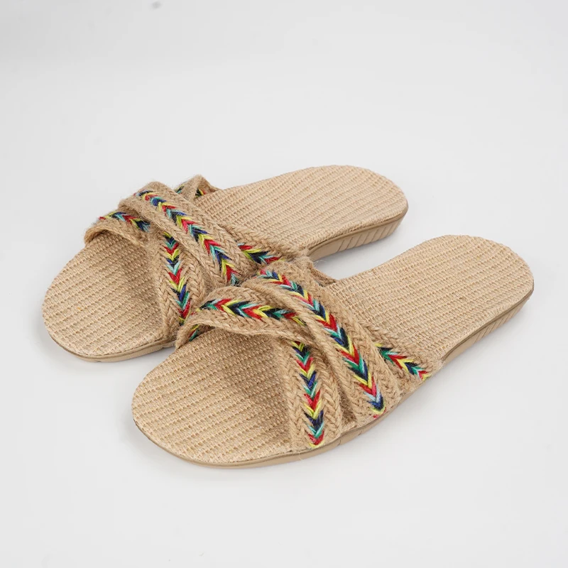 SHAJI Pantoufles d'été en lin pour femmes, pour la maison ; chaussures d'intérieur légères et antidérapantes pour femmes ; tongs de plage à semelle épaisse ; style bohème