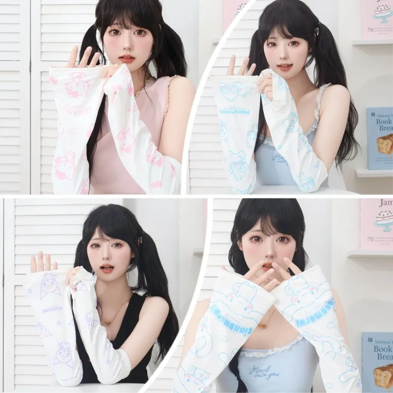 

Sanrio Hello Kitty Ice Sleeve Летняя защита от солнца Ледяной шелковый рукав Тонкие велосипедные удлиняющие свободные солнцезащитные перчатки для вождения на локте