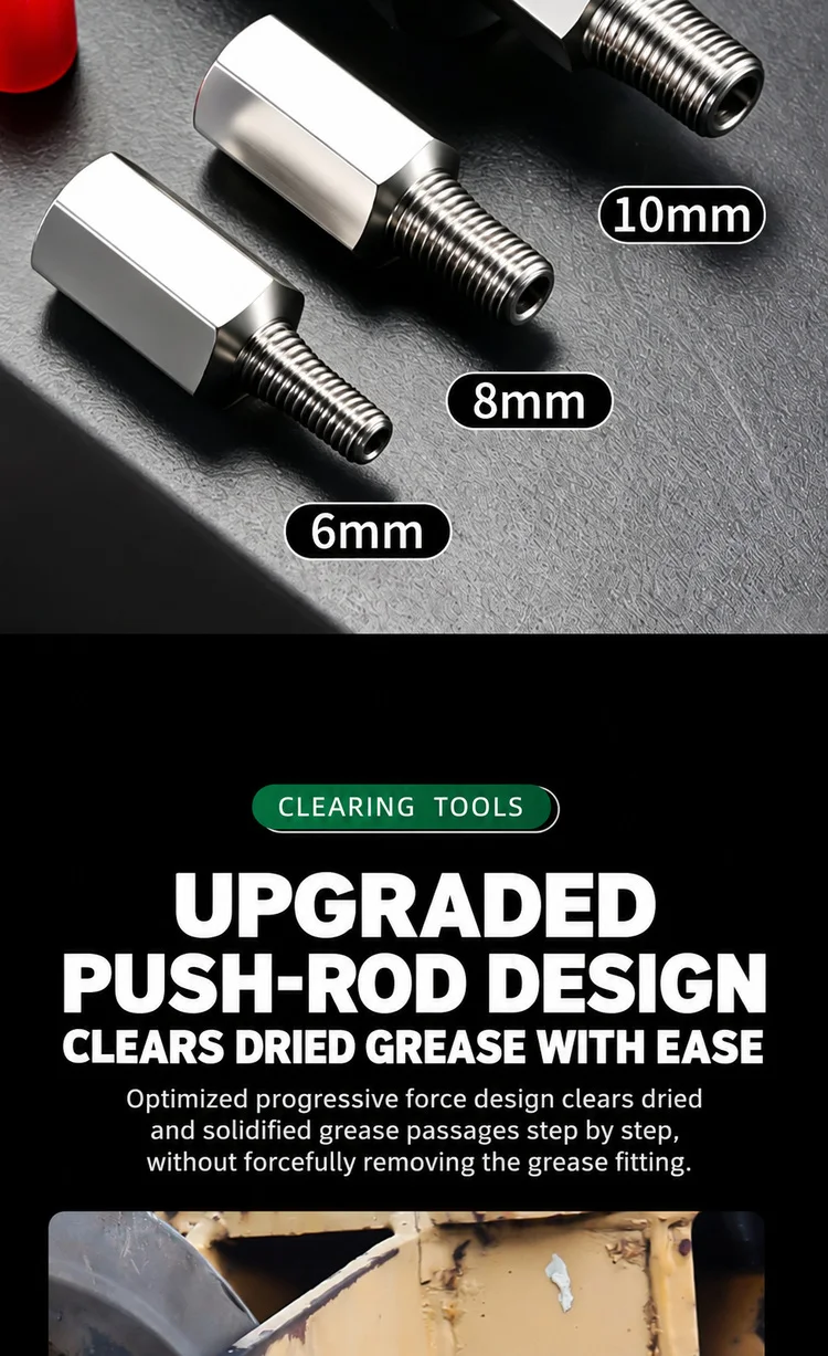 Schmierfittings-Entstopfer-Werkzeug mit Legierungsstößel, 6/8/10mm-Adaptern, kurzen und langen Stäben für verstopfte Schmierleitungen – Detail 6