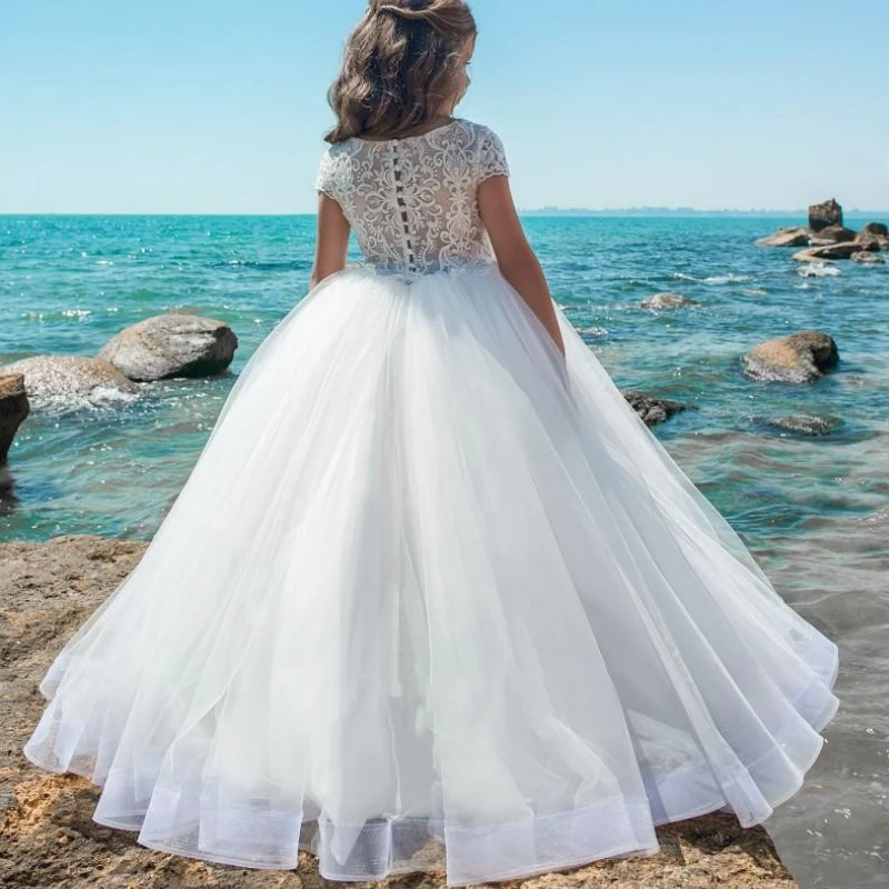 Robes de demoiselle d'honneur en tulle blanc, appliques gonflées Boho, manches courtes pour mariages, fête, première communion, robe de reconstitution historique