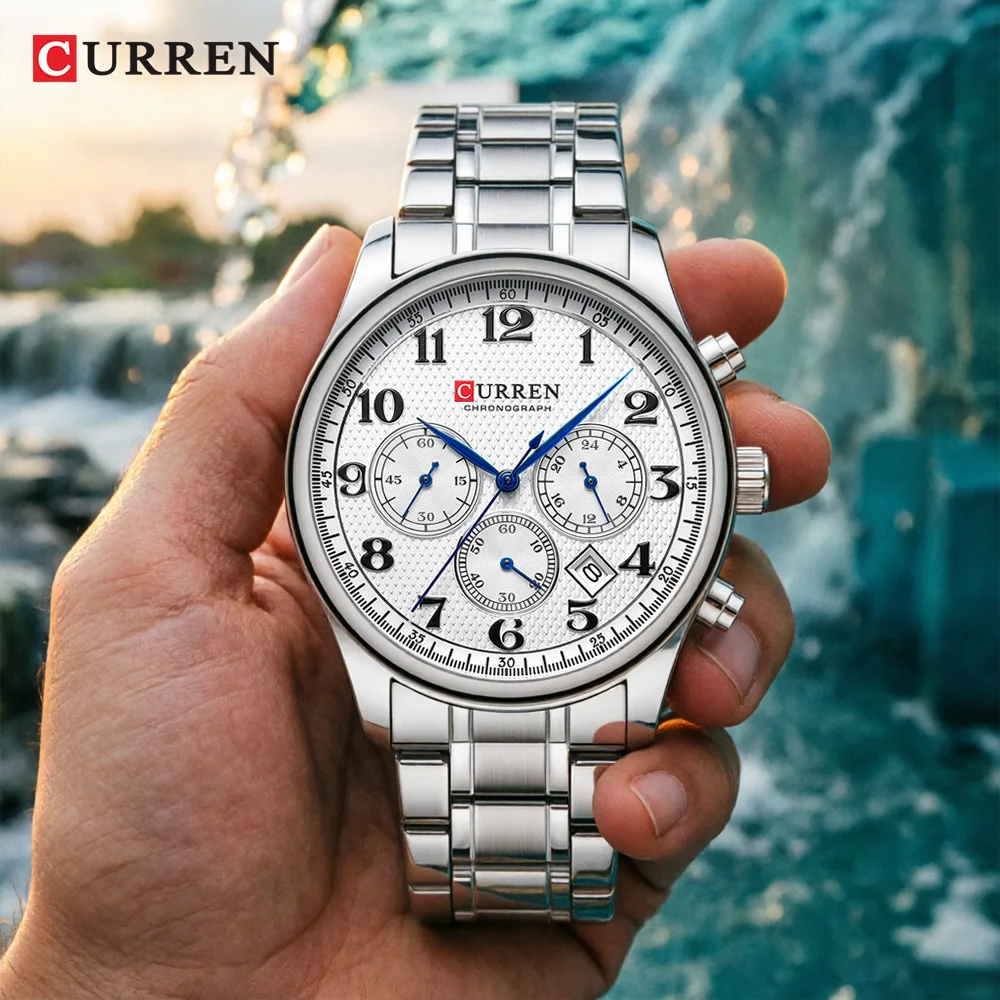 CURREN Fashion Sport Chronograph Men's Watch with Stainless Steel Band Auto Date Casual Quartz Wristwatches Relogio Masculino
