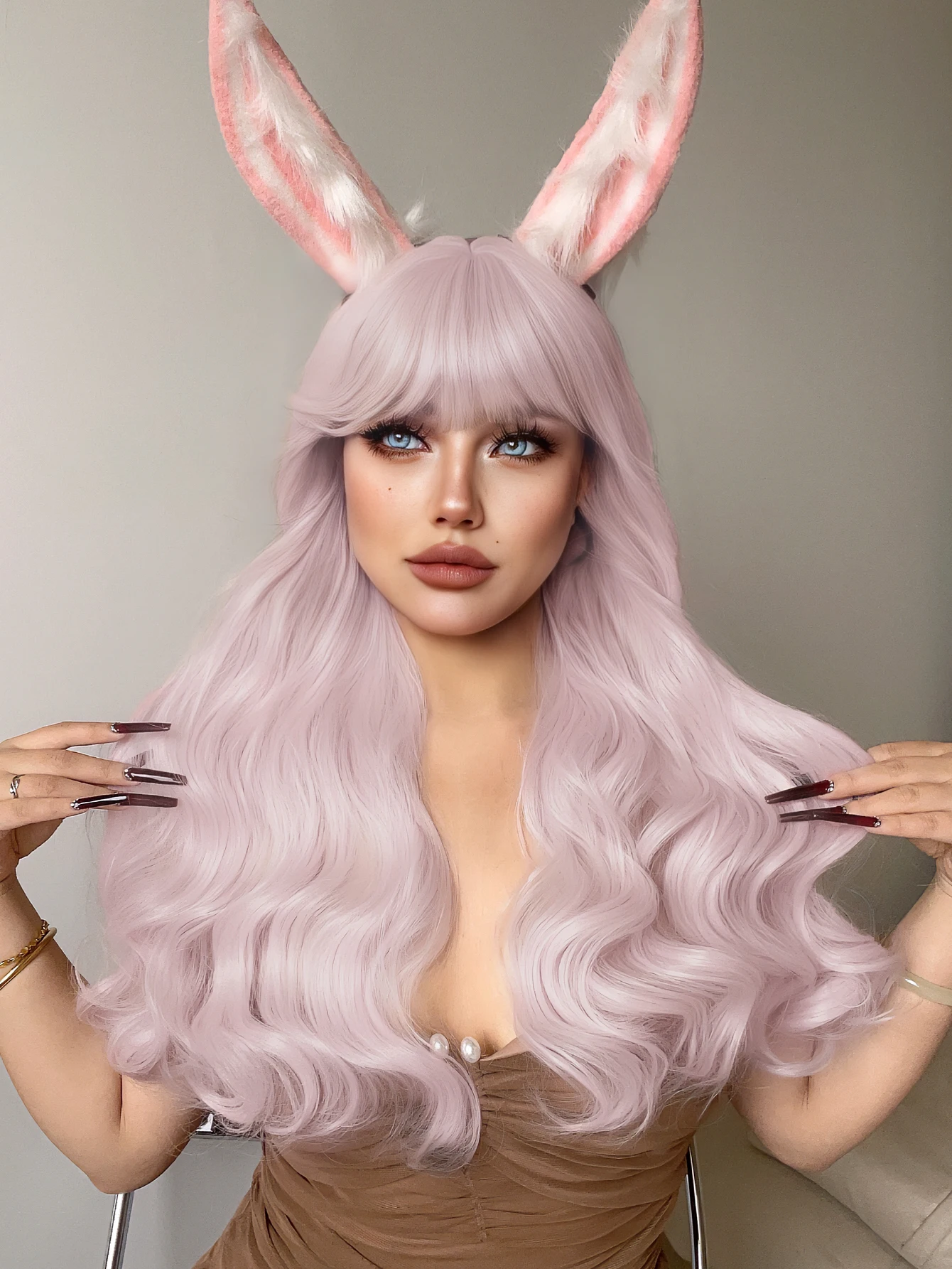 26Inch Macaron Pink Color Synthetic Wigs With Bang Long Natural Wavy Hair Wig for Women Daily Use Cosplay Daily Heat Resistant