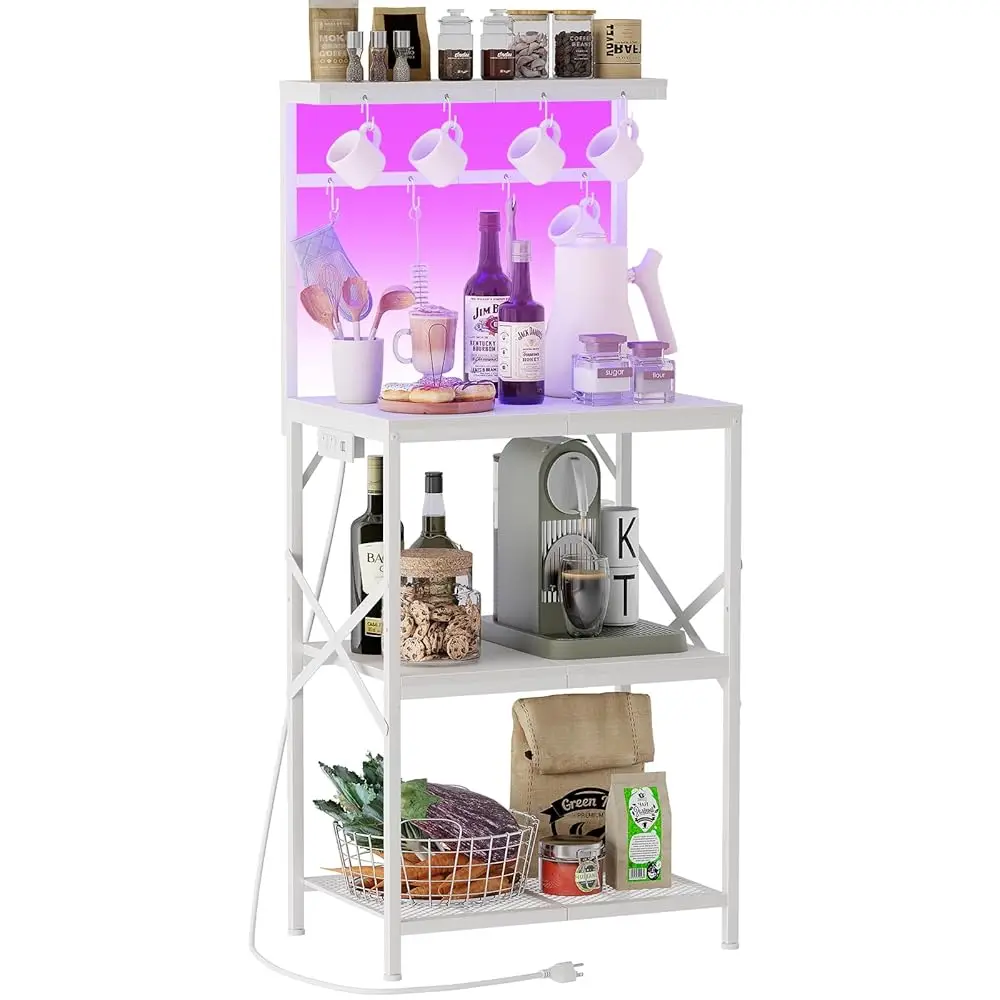 

Kitchen Bakers Ra With Power Outlet, Microwave Stand With Storage 4 Tiers, Small Coffee Bar Stand With 8 Hooks, Coffee Station