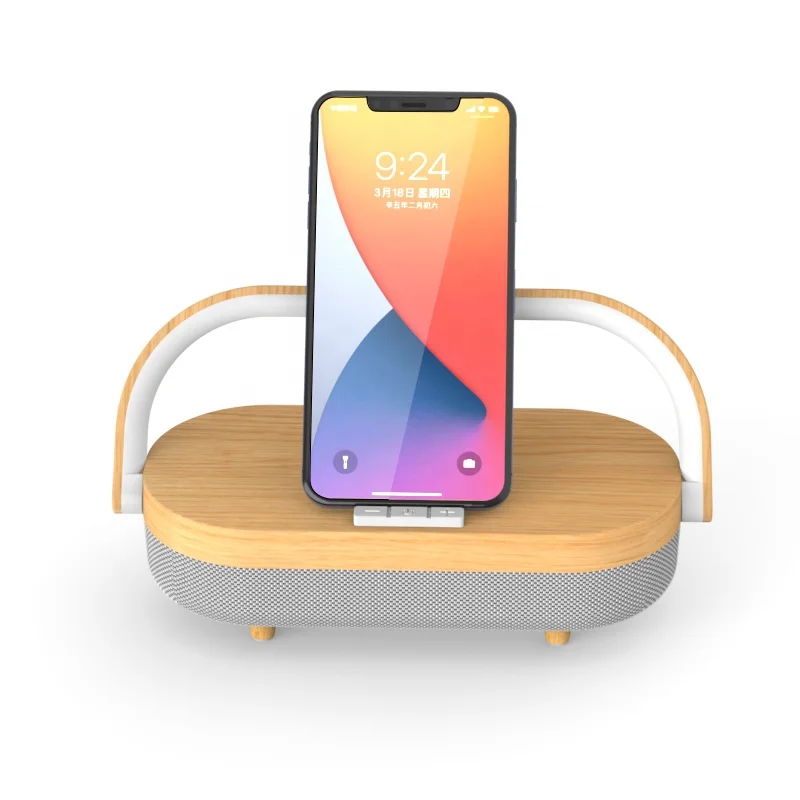 

High quality Wooden wireless charging bedside wood music desk lamp led wireless charger speaker portable bluetooth speaker