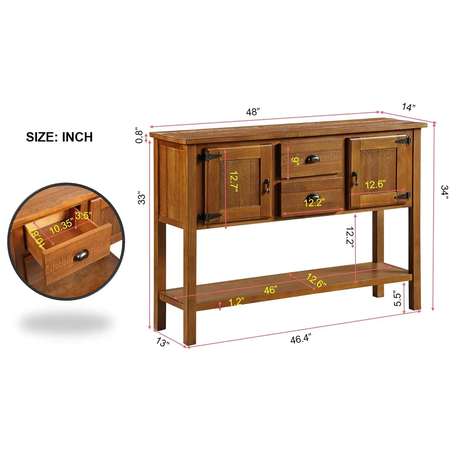 Solid Pine Console Table Sideboard 48 Inch Buffet Server with 2 Drawers 2 Cabinets Bottom Shelf, Customized