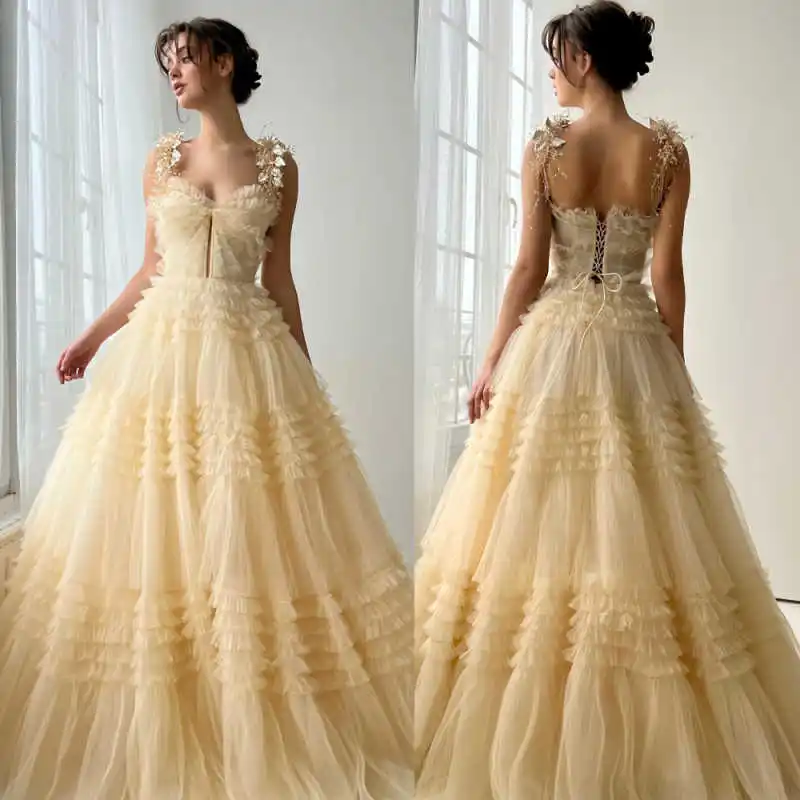 

Gorgeous 3D Floral Spaghetti Strap Ball Gown Evening Dress Tulle Skirt Ruffle Formal Occasion Garment Robes De Soirée Customized