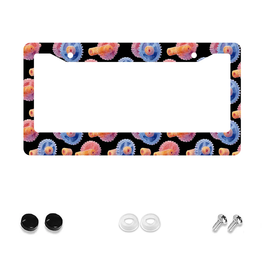 1 قطعة إطار لوحة ترخيص بنمط تروس متعدد الألوان بفتحتين، مادة ألومنيوم، 6 × 12 بوصة، مع طقم براغي، ديكور سيارة مبتكر قديم