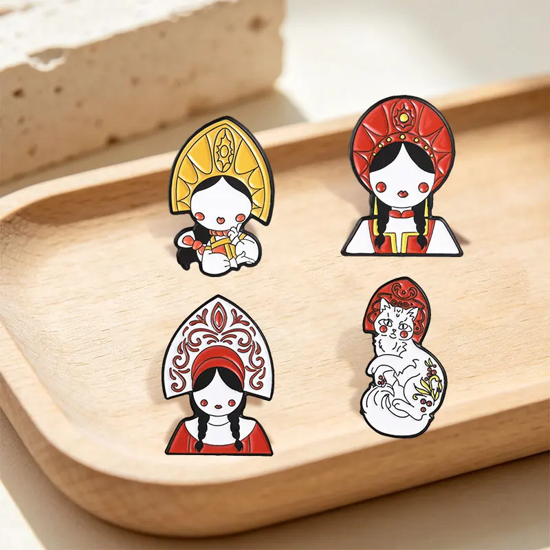 Cartoon Russian Girls Enamel Pins Folk Kokoshnik Slav Headdress Russian Traditional Cultural Costume Brooches Badge Jewelry Gift