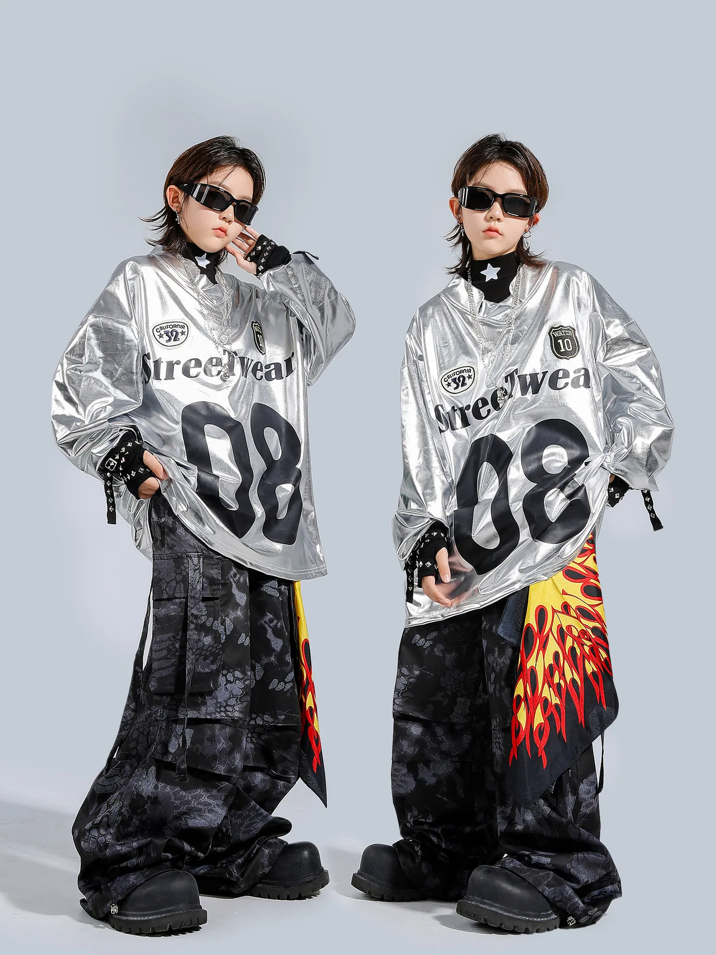 Boys Hip Hop Shiny Sweatshirt Camouflage Pants Girls Street Dance Costumes K-pop Children Teen Streetwear Kids Jazz Clothes Sets