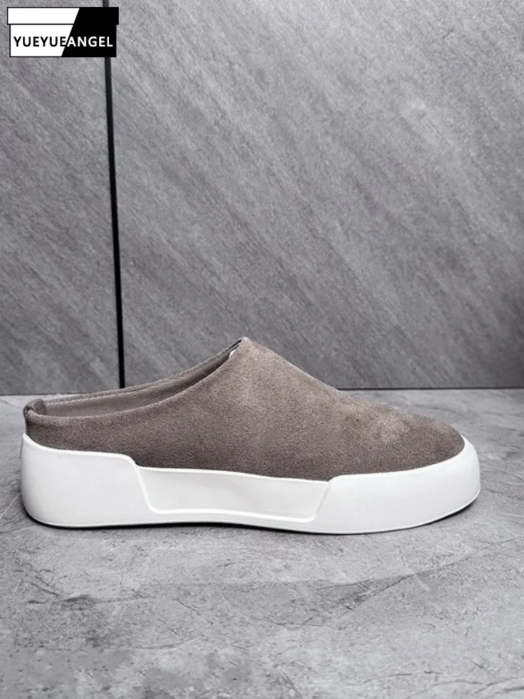Mens Solid Comfortable Suede Genuine Leather Slippers Spring Autumn Vintage Round Toe Platform Slides Outside Men Casual Shoes