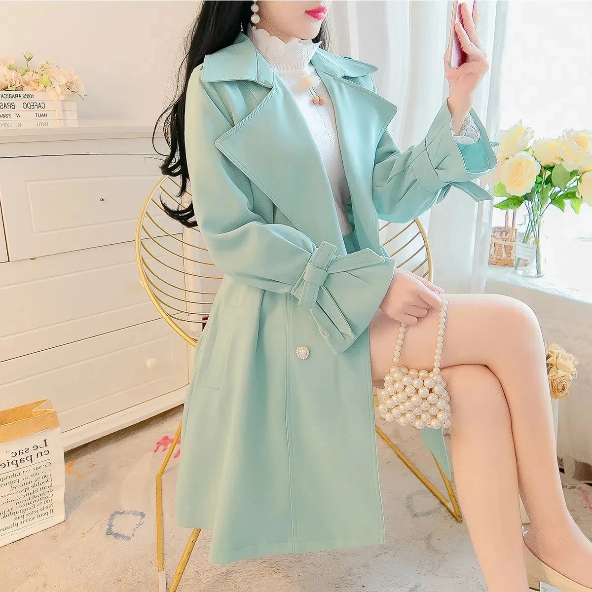 Eleganter Langer Trenchcoat für Damen Doppelreihig Winddicht Schlanke Passform Koreanischer Stil Herbst Bürojacke Damen-Windbreaker
