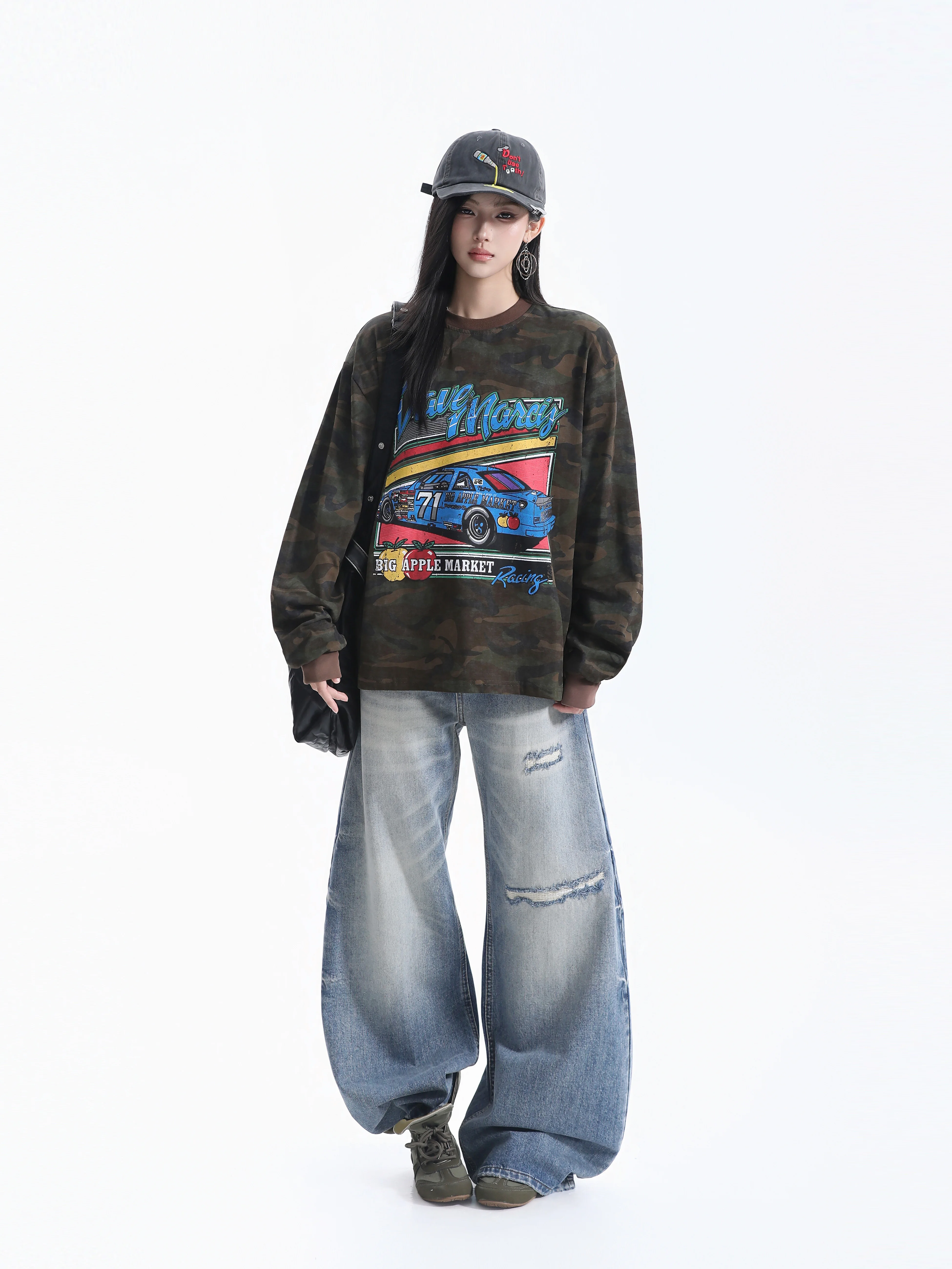 Loose Fit Camouflage Long Sleeve T-Shirt Women's Retro Cartoon Print Neutral Style Casual Loose Ball American Streetwear