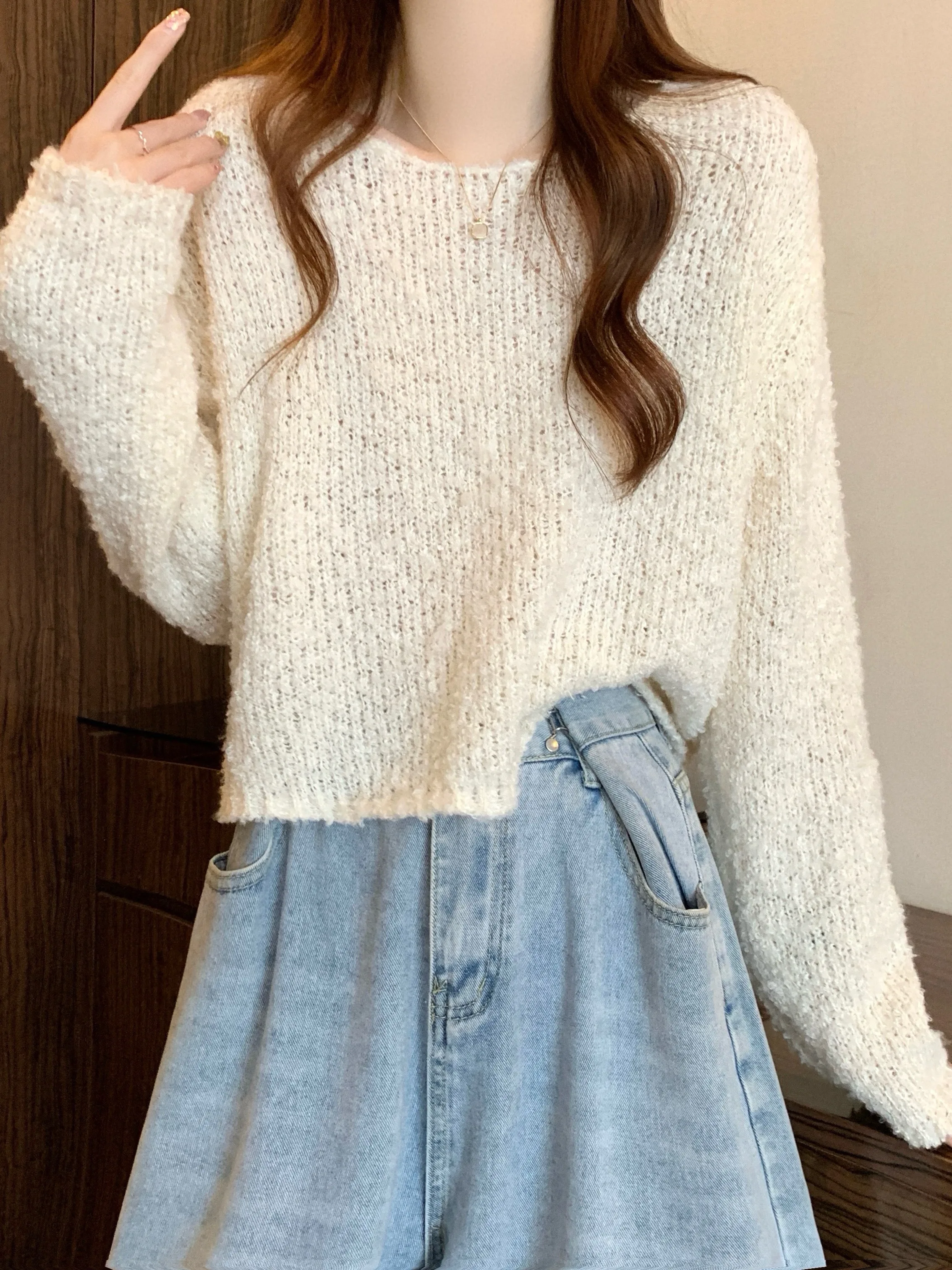Yellow Loose Knitted Long Sleeve Crew Neck Sweater Women's Casual Versatile Autumn Base Layer Comfortable Lazy Overhead Sweat...