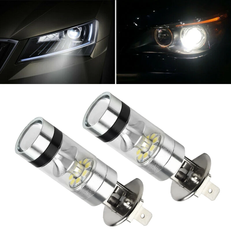H1 100W LED Fog Light Bulbs Set 2pcs for DRL Driving Headlights 1000LM Output 6000K White Light DC 9V 30V Wide Voltage Support