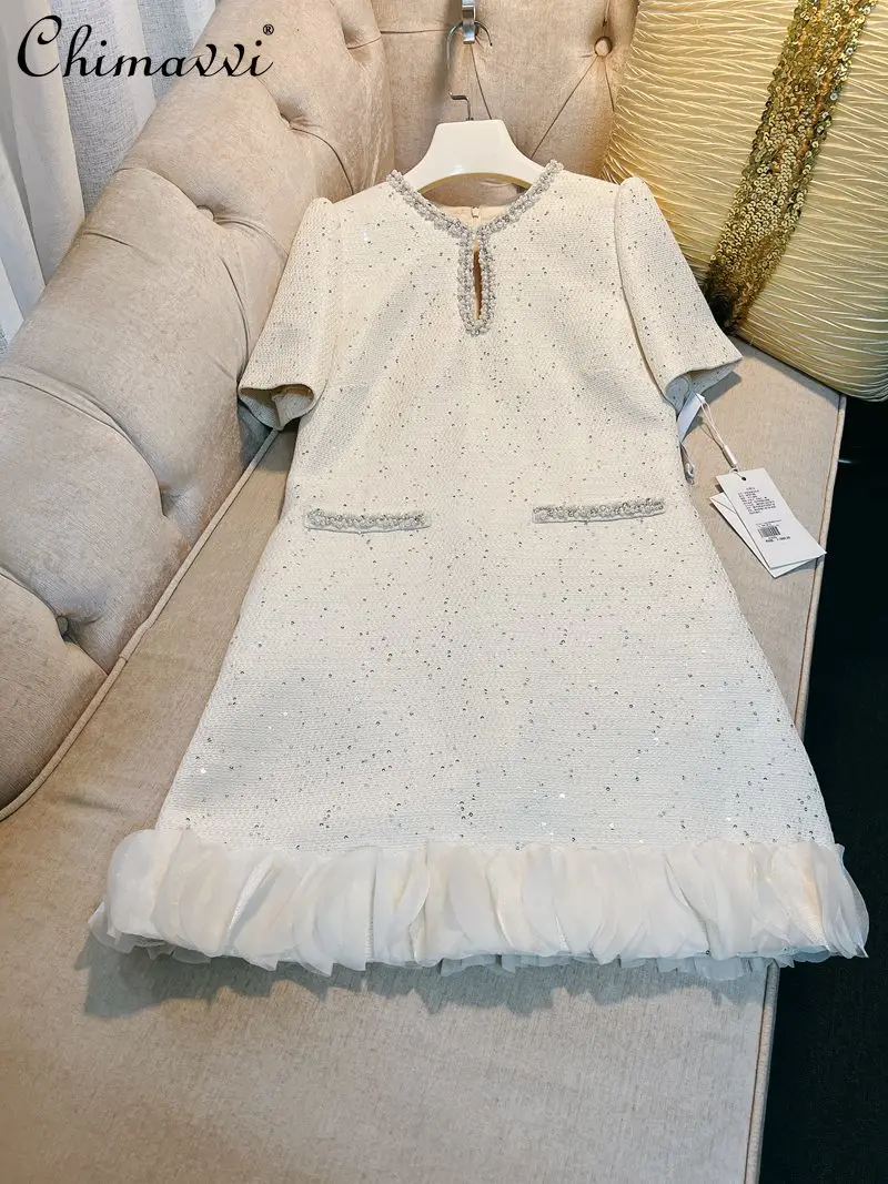 

French Retro High-end Sequins Tweed Short Dress 2024 Summer New Fashion Round Neck Loose White Beaded Party Dress for Women