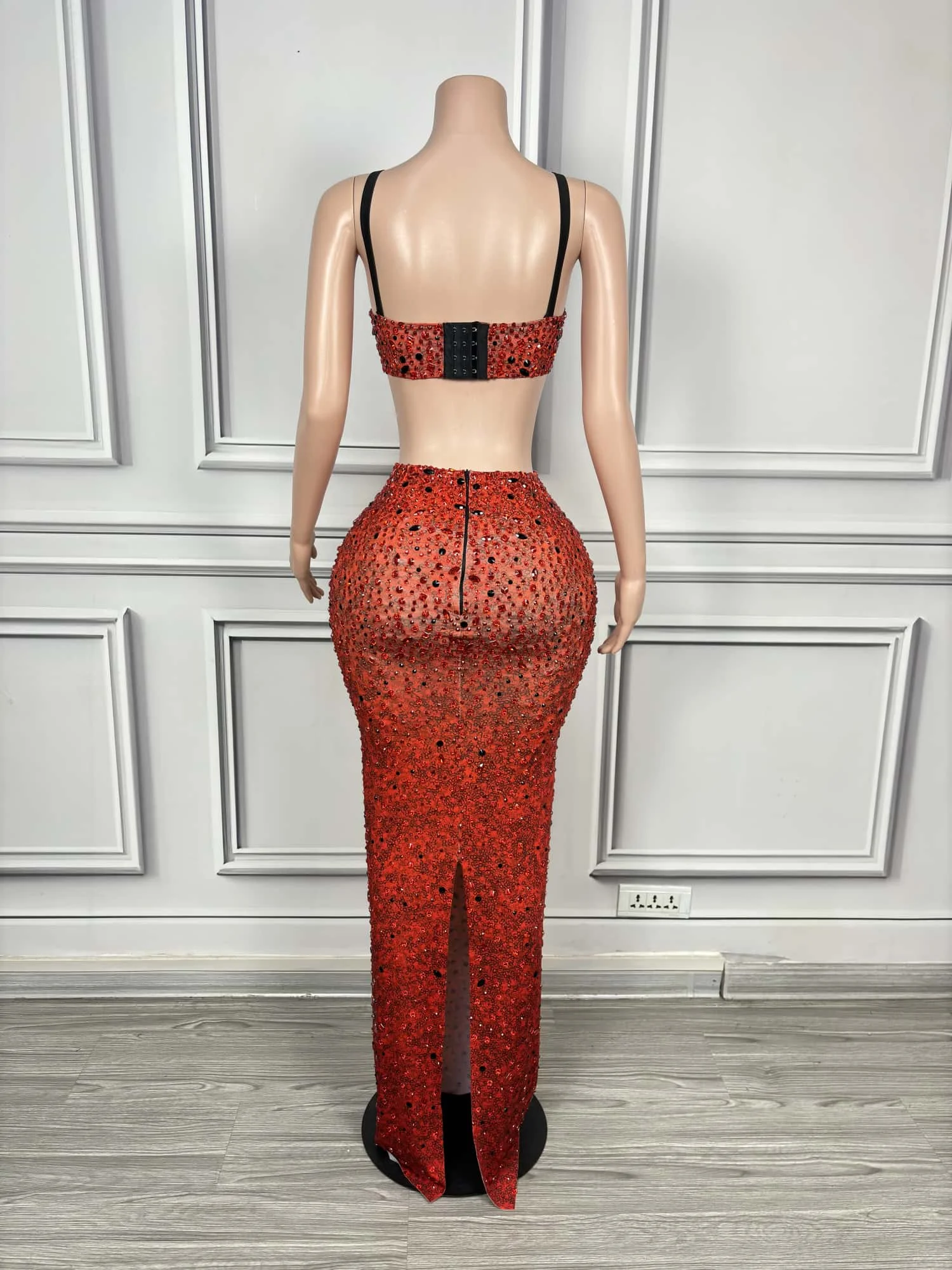 

Mofang Womens Sexy Red Rhinestone Two Piece Set Crop Top Mermaid Maxi Skirt Bodycon Party Club Stage Performance Outfit