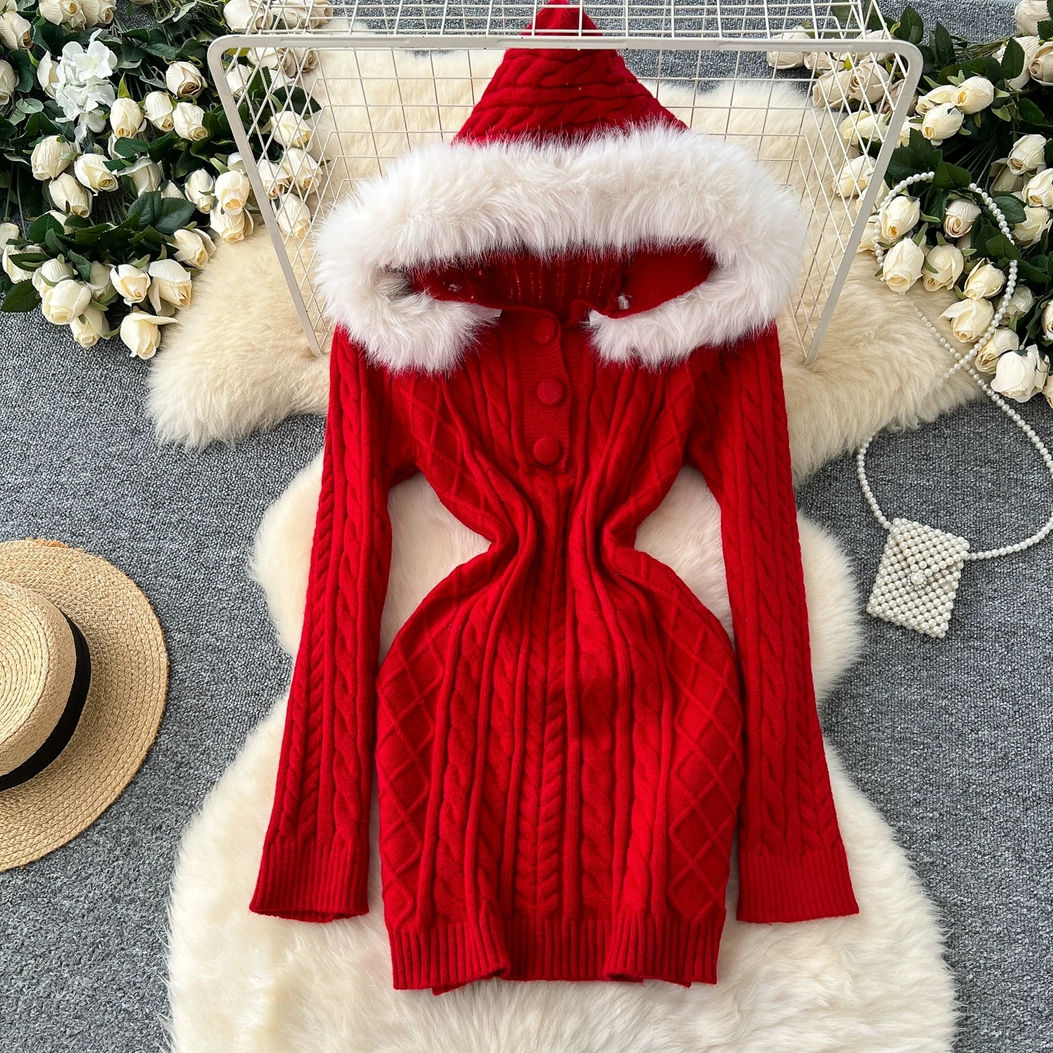 Women Christmas Dress Red Fur Collar Hooded Wool Dress Winter Stretch Tight Waist Slim Pack Hip Knitted Dresses