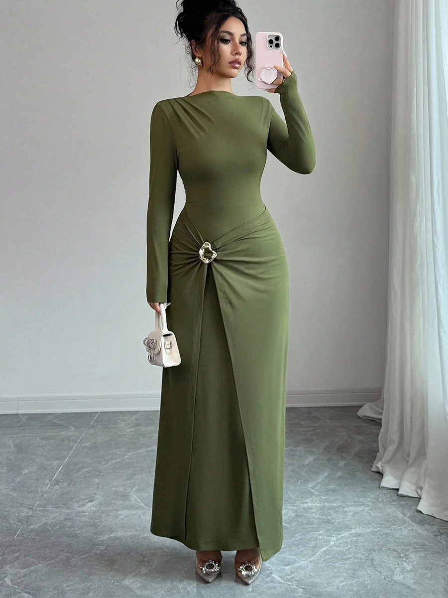 

Women's New Style Elegant Slim Fit Dress with Simple Solid Color Long Sleeved Skirt Female Clothing Dress