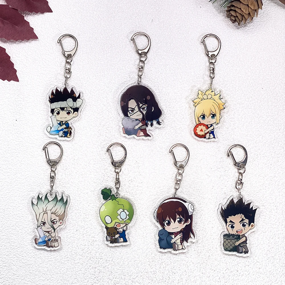 1/7Pcs Anime Figures Dr.STONE Car Keychain Accessories Acrylic Cute Charms Pendant For Bag Funny Key Holder Backpack Decoration