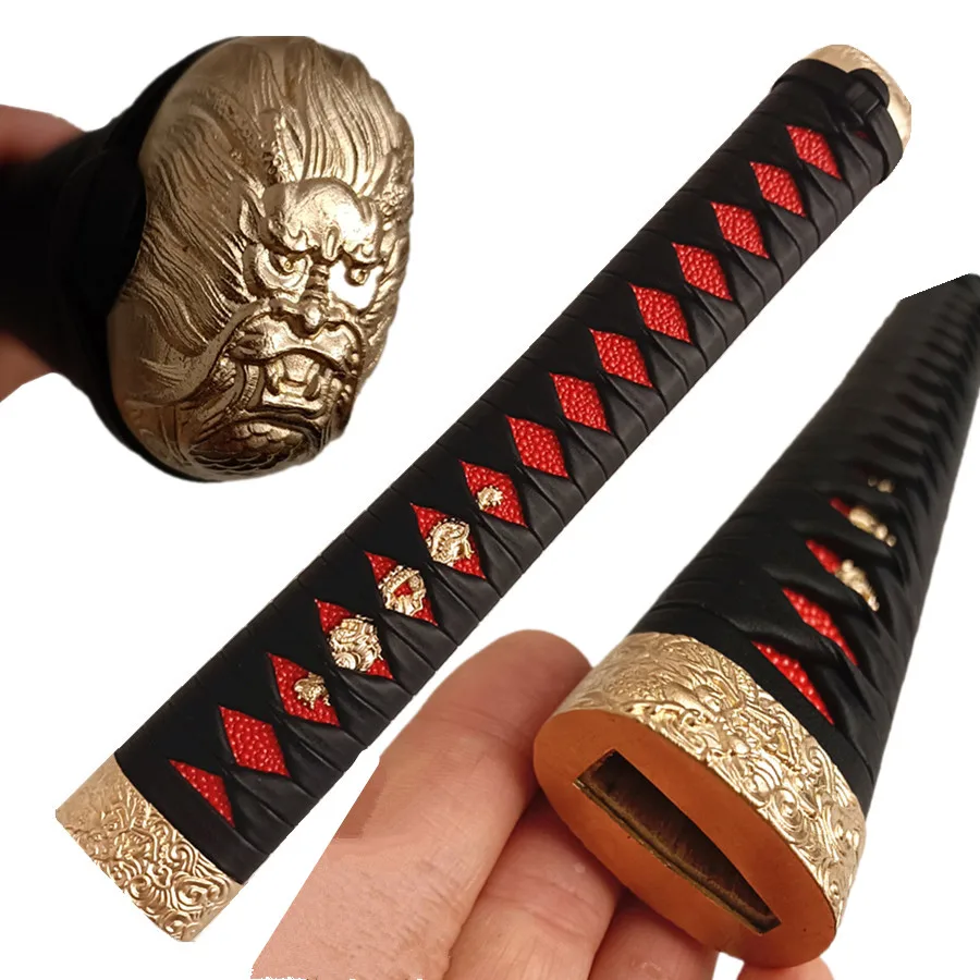 26CM Black leather Handle For Japanese Samurai Sword Kirsite Tsuka Brass Copper Fuchi Kashira Katana/Wakizashi DIY Fitting