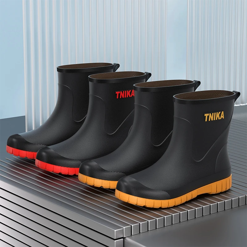 Fashionable Men's Short Tube Rain Boots Flat Bottom Lightweight Kitchen Anti-slip Rubber Shoes Thick Bottom Water Shoes Work