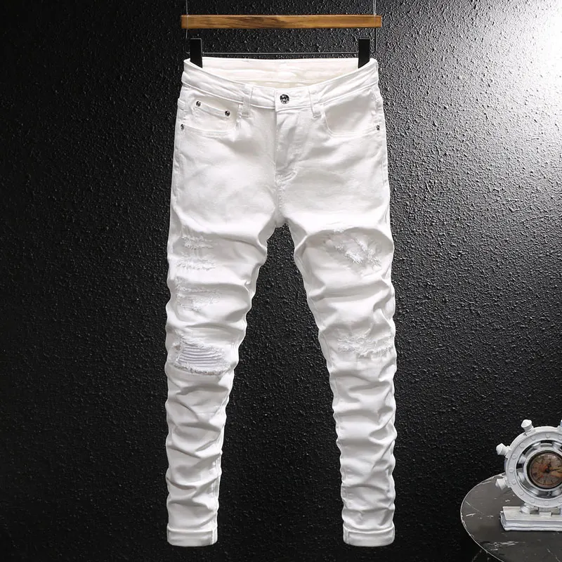 Y2K designer fashionable men's jeans, high-quality retro elastic slim fit ripple washed white jeans, men's retro straight leg pa