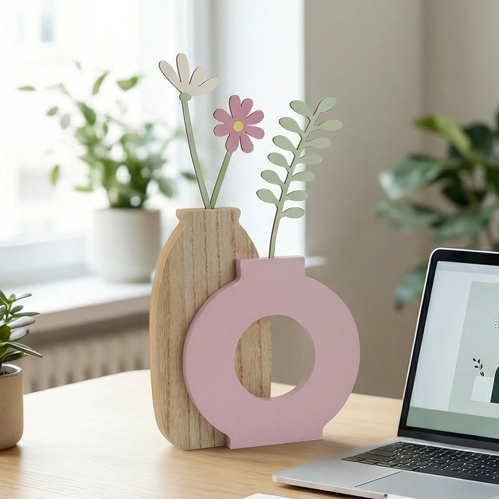 DIY Wooden Daisy Flower Assembly Set - Modern Minimalist Style Nesting Vase Decoration, Spring Pastoral Style Desktop Aesthetics, Suitable for Home, Office, Shelves, and Nightstands, Can Be Placed on Desk or Dining Table, Unique Floral Figurine Gift