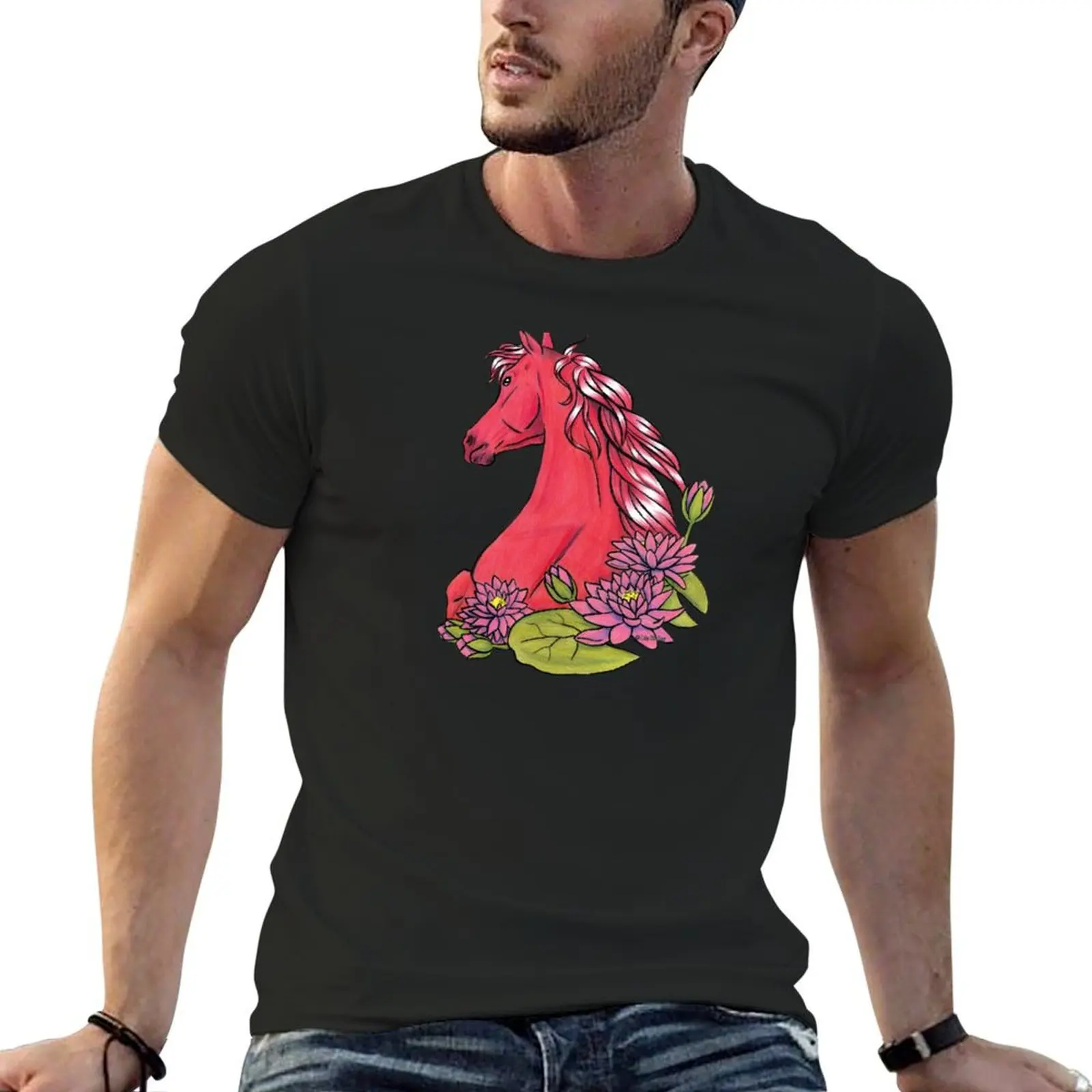 Ruby Horse With Water Lilly T-Shirt oversized graphics mens clothing