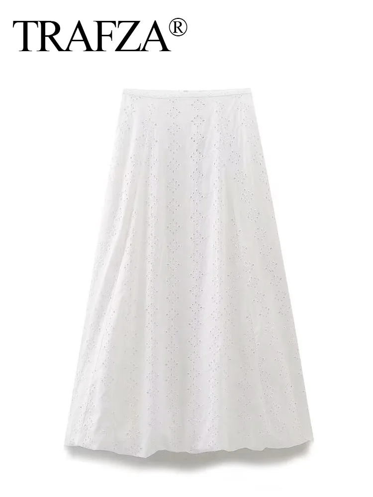 

TRAFZA Elegant Woman Chic Solid Color Beach Casual Skirt Women Hollow Embroidery Back Zipper Folds Decorate Long Skirt TRAF