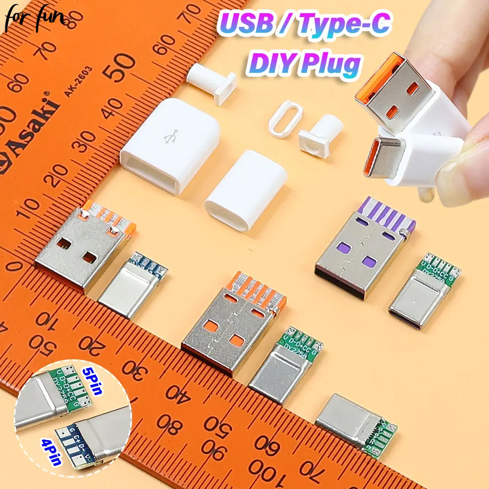 For-Fun 1Set 5Pin Fast Charge TYPE-C USB Male Interface Connector Welding With PCB 4Pin 6A Type C USB-A DIY OTG Data Charge Kit