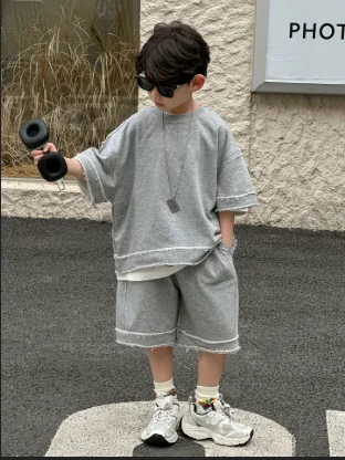 Children's Splicing Edge Hoodie Shorts Set 2026 Spring Summer Collection Fashion Korean Simple Style 2pieces