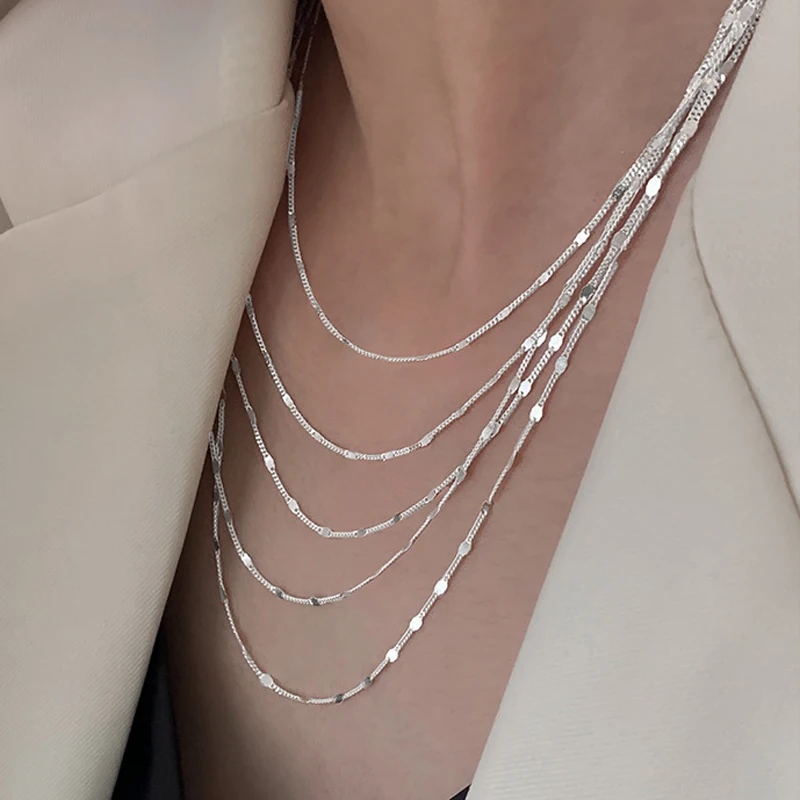 New S925 Sterling Silver Women\'s Jewelry Collar European Simple Silver Fashion Multi Layers Bar Necklace Clavicle Chains Gifts