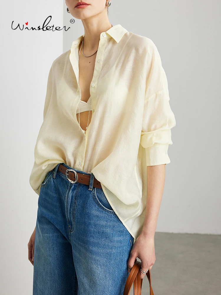 

Элегантная блузка Winsleter из 4,6% шелка, однотонная, с отложным воротником, женская, повседневная, свободного кроя, с защитой от солнца, весна 2026, T61344CC