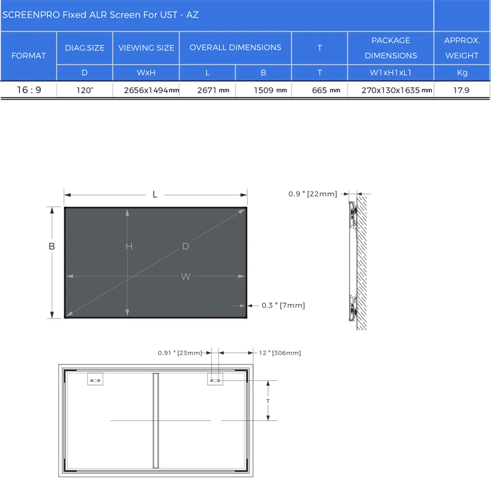 SCREENPRO-Pantalla de proyector ALR de 120 pulgadas para UST 16:9 t-prism, pantalla de proyector de pared antiluz con marco fijo gris