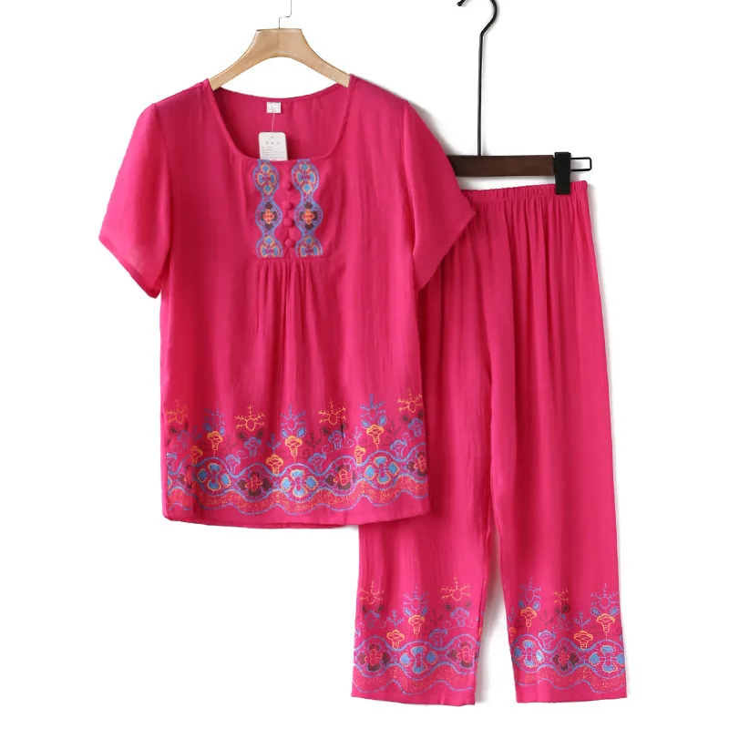 Pyjama brodé en coton et lin pour femme d\'âge moyen, ensemble deux pièces, vêtements de nuit élégants, vêtements d\'intérieur, été