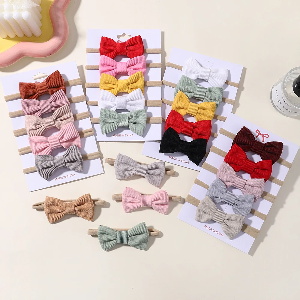 5Pcs/Set Fashion Lovely Bows Headbands Solid Corduroy Elastic Hair Bands Nylon Hairband Newborn Turban Headwear Baby girls