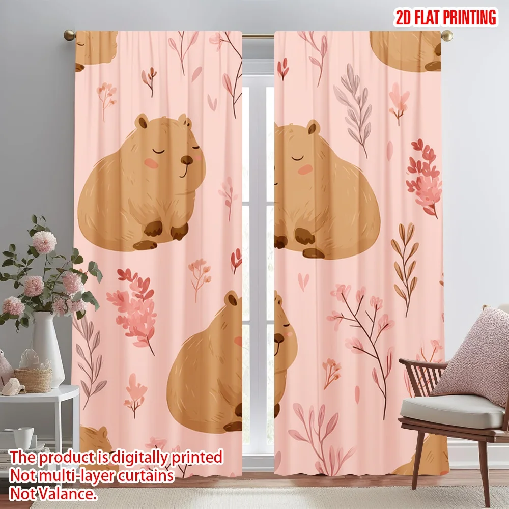 

2D flat printing 2pcs Party Window Curtains Cute Capybara and Leaves Digital Printed Polyester Drapes Festive Wall Decor Use for