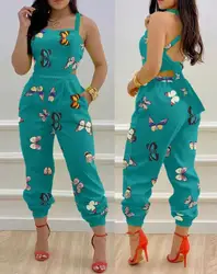 Elegant Women's Jumpsuit 2024 Spring/summer Latest Sexy Square Neckline Butterfly Print Cross Backless Lace Up Detail Jumpsuit