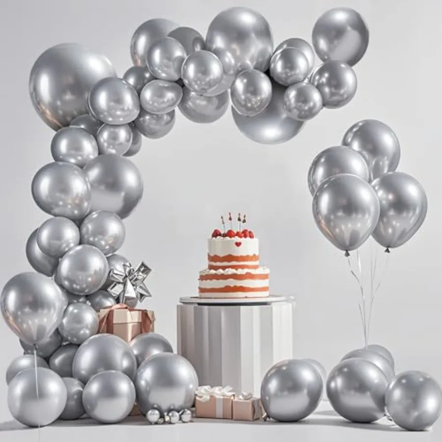 

Silver Balloon, 145pcs Latex Balloons Arch Kit Different Sizes 18 12 10 5 Inch, Silver Chrome Balloon Garland Arch for Wedding